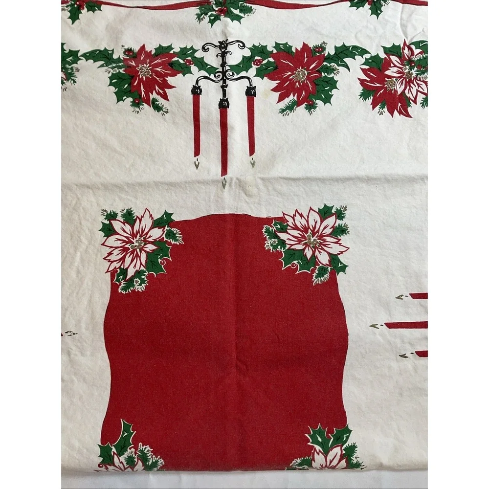 Vintage 100% Cotton Christmas Tablecloth Poinsettia Holly 62 X 48 Retro Holiday